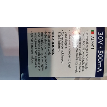 ALIMENTADOR UNIVERSAL, ENTRADA 220V, SALIDA 30V CORRIENTE CONTINUA, 500 MILIAMPERES, JACK HUECO 5,5X2,1X10 MM, 000411 - Imagen 1