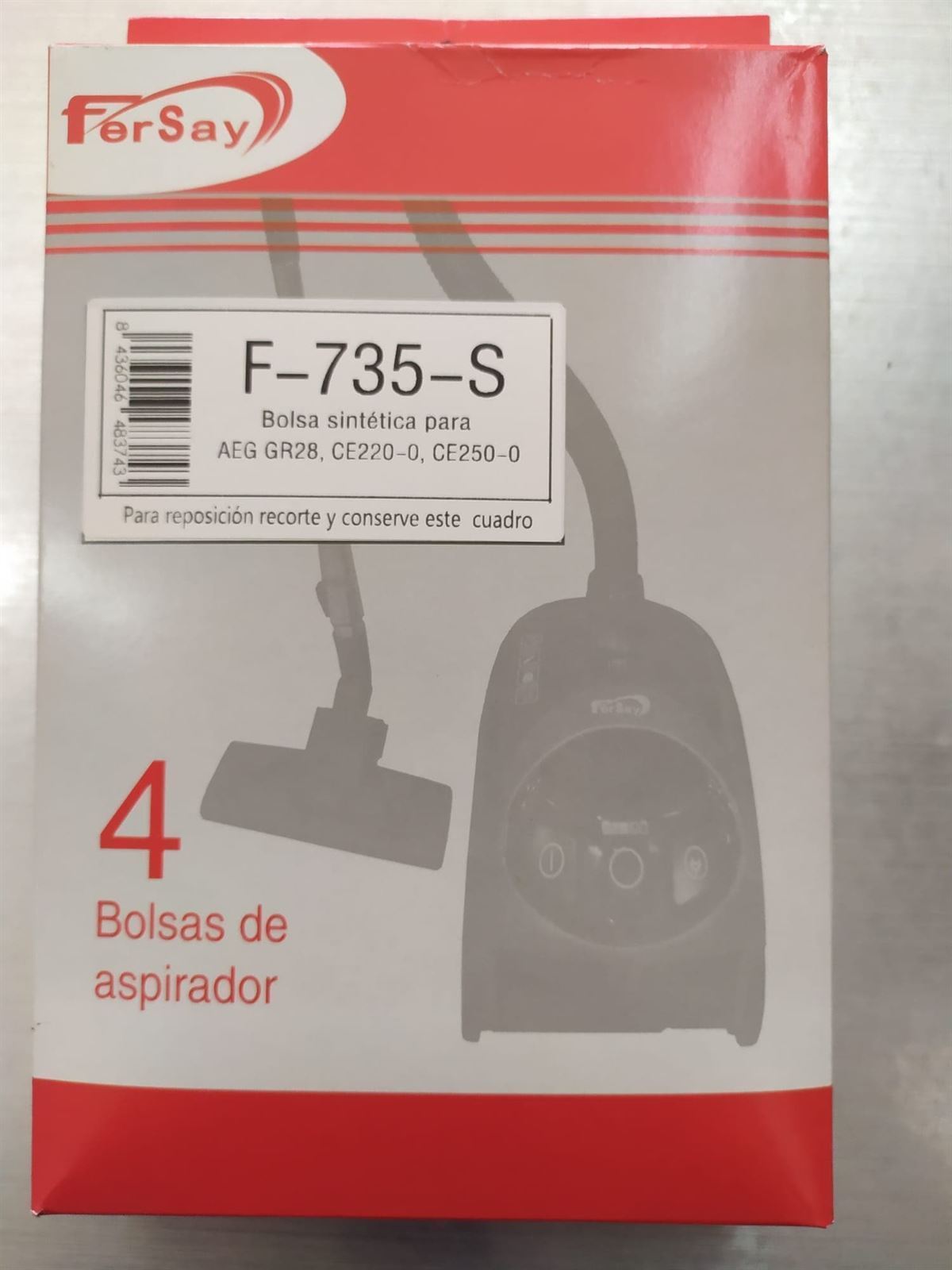 BOLSA ASPIRADOR AEG, ELECTROLUX, ZANUSSI, PAQUETE 4 BOLSAS SINTETICAS, RECAMBIO ALTERNATIVO, AEG Vampyr, GR28S, 9002565423, F735S - Imagen 1