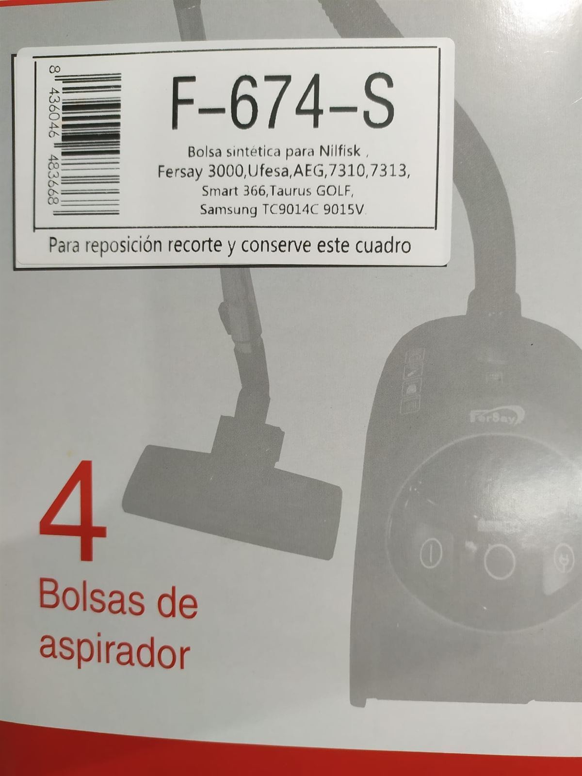 BOLSA ASPIRADOR AEG, FAGOR Y OTRAS MARCAS, VER FOTO MODELOS, CAJA 4 BOLSAS, BOLSA SINTETICA, RECAMBIO ALTERNATIVO,  F-674-S - Imagen 1