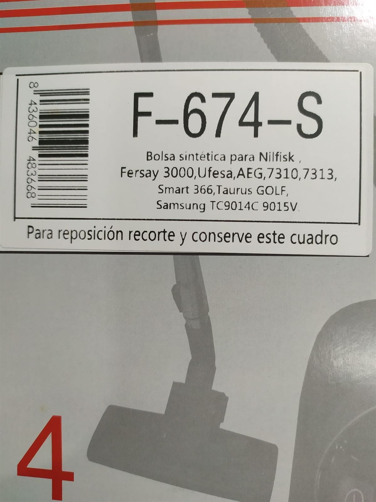 BOLSA ASPIRADOR AEG, FAGOR Y OTRAS MARCAS, VER FOTO MODELOS, CAJA 4 BOLSAS, BOLSA SINTETICA, RECAMBIO ALTERNATIVO,  F-674-S - Imagen 2
