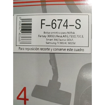 BOLSA ASPIRADOR AEG, FAGOR Y OTRAS MARCAS, VER FOTO MODELOS, CAJA 4 BOLSAS, BOLSA SINTETICA, RECAMBIO ALTERNATIVO,  F-674-S - Imagen 2
