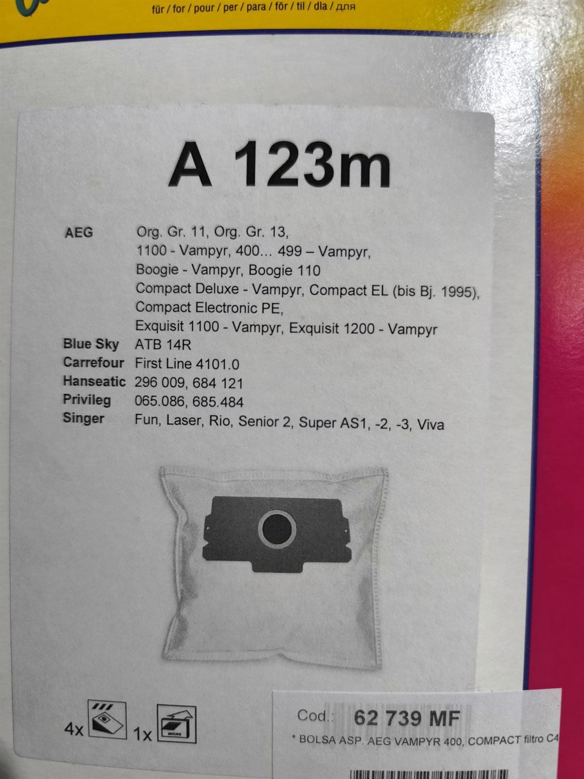 BOLSA ASPIRADOR AEG, PAQUETE 4 BOLSAS+1FILTRO, RECANBIO ALTERNATIVO, GR11, GR13,   62739MF - Imagen 1