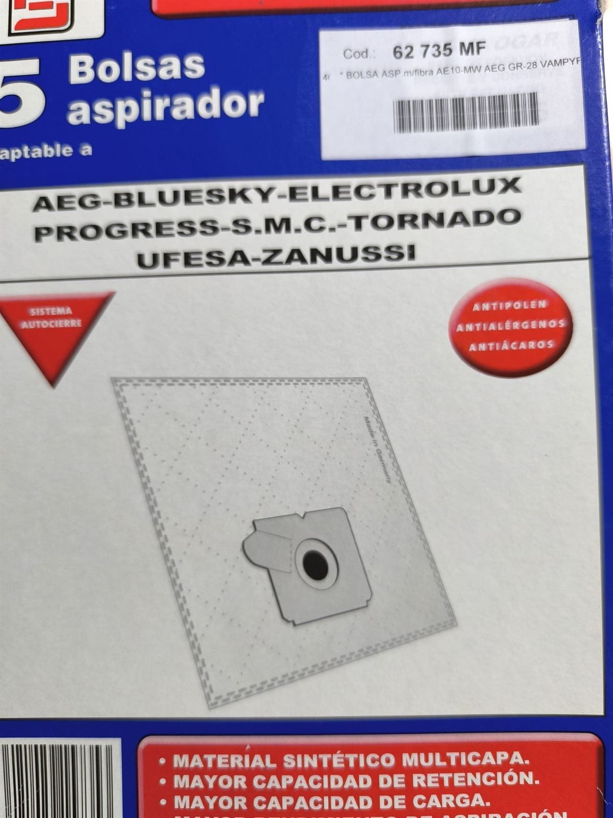 BOLSA ASPIRADOR AEG, PAQUETE 5 BOLSAS MICROFIBRA, GR28, 62735WMF - Imagen 1