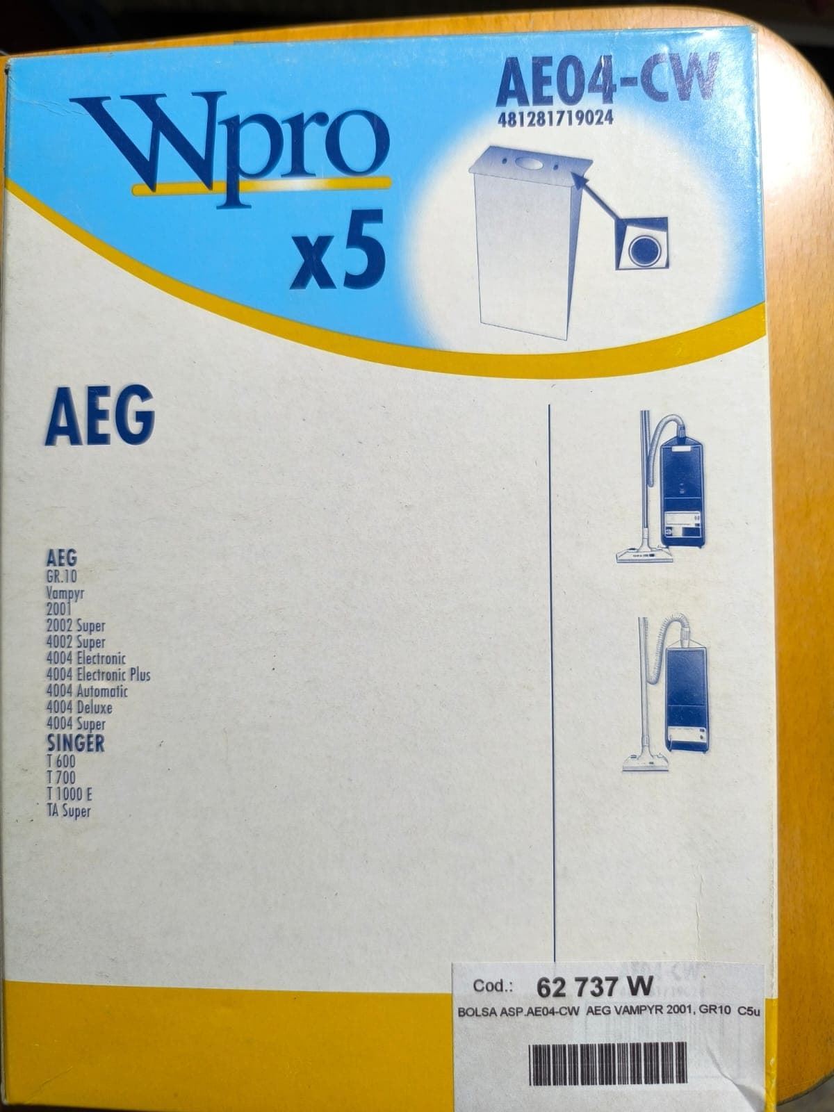 BOLSA ASPIRADOR AEG, TORNADO, CAJA 5 BOLSAS,  GR10, AE04-CW - Imagen 1