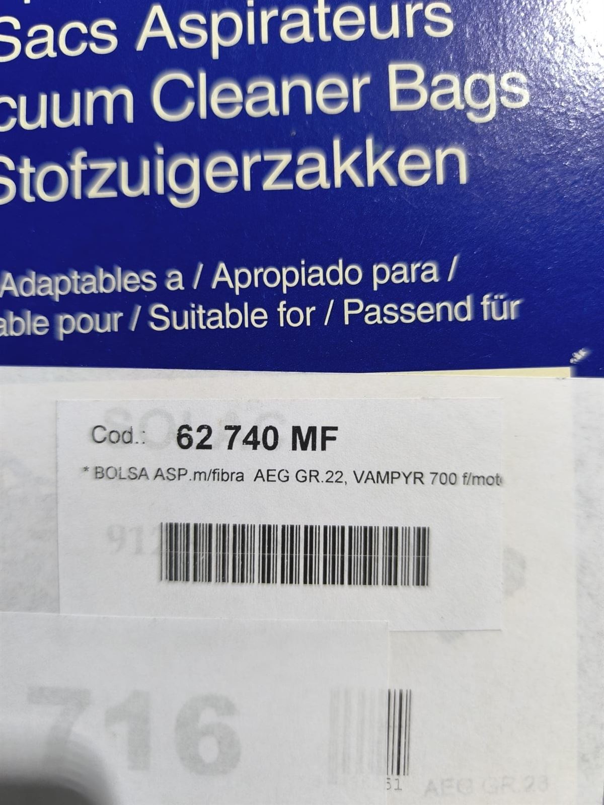 BOLSA ASPIRADOR AEG, VAMPYR700, GR22, MICROFIBRA, CAJA 5 BOLSAS, 62740MF - Imagen 1