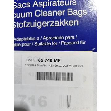 BOLSA ASPIRADOR AEG, VAMPYR700, GR22, MICROFIBRA, CAJA 5 BOLSAS, 62740MF - Imagen 1