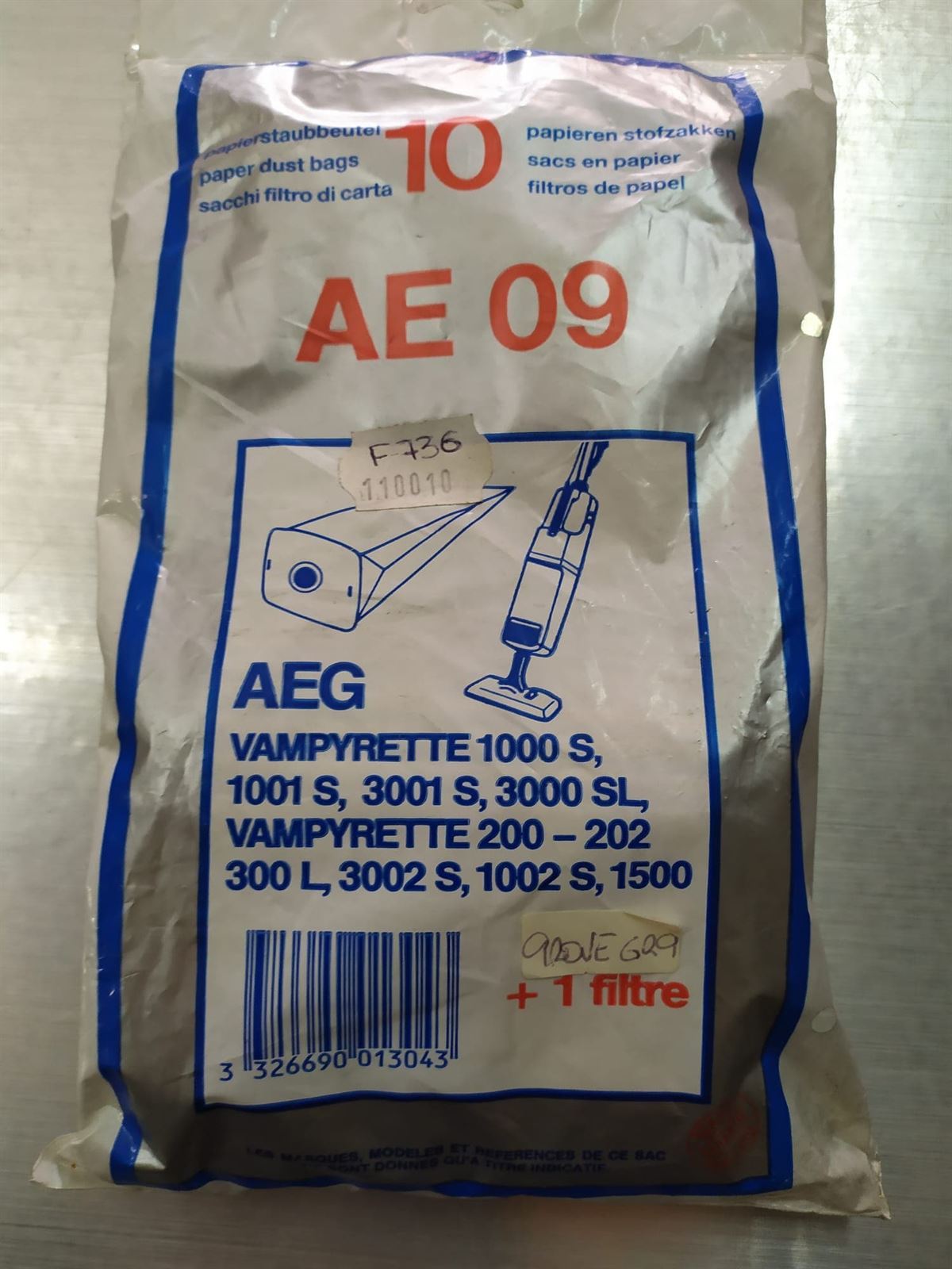 BOLSA ASPIRADOR AEG VAMPYRETTE 1000S, PAQUETE 10 BOLSAS+1FILTRO, RECAMBIO ALTERNATIVO, 110010,   GR9,   AE09 - Imagen 1