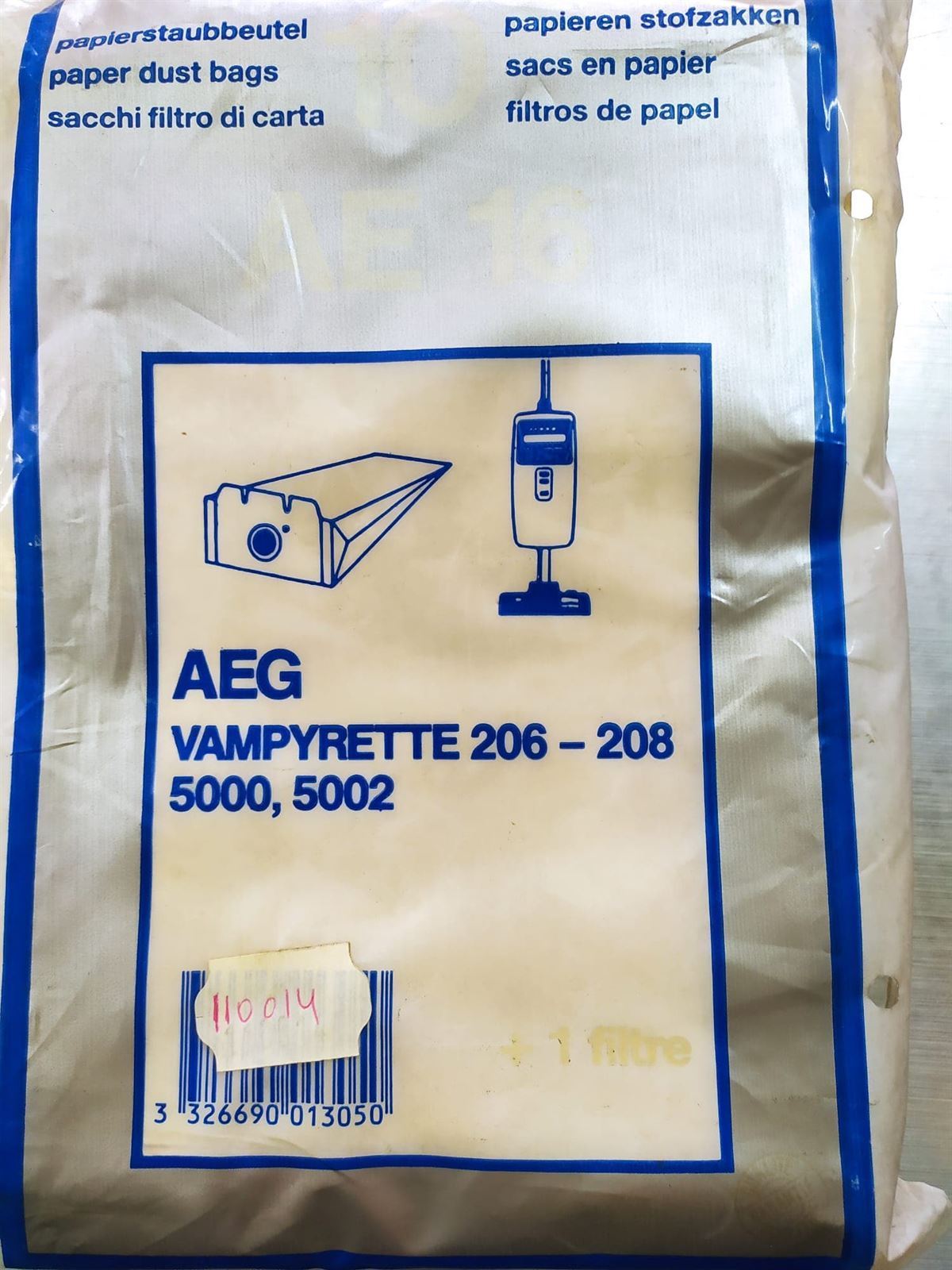 BOLSA ASPIRADOR AEG VAMPYRETTE 206, 208, 5000, 5002,  PAQUETE 10 BOLSAS+1FILTRO, RECAMBIO ALTERNATIVO,  110014 - Imagen 1