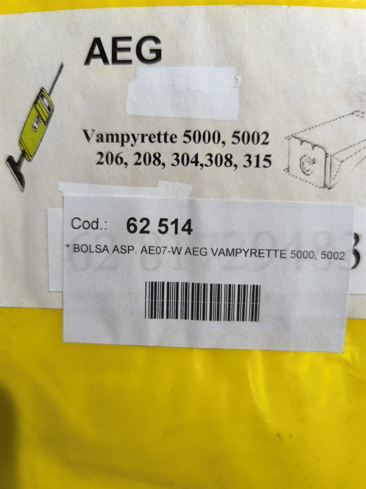 BOLSA ASPIRADOR AEG VAMPYRETTE 5000, CAJA 5 BOLSAS PAPEL, CARTON 119MM, DIAMETRO 38MM, VER FOTO MODELOS, 62514 - Imagen 1