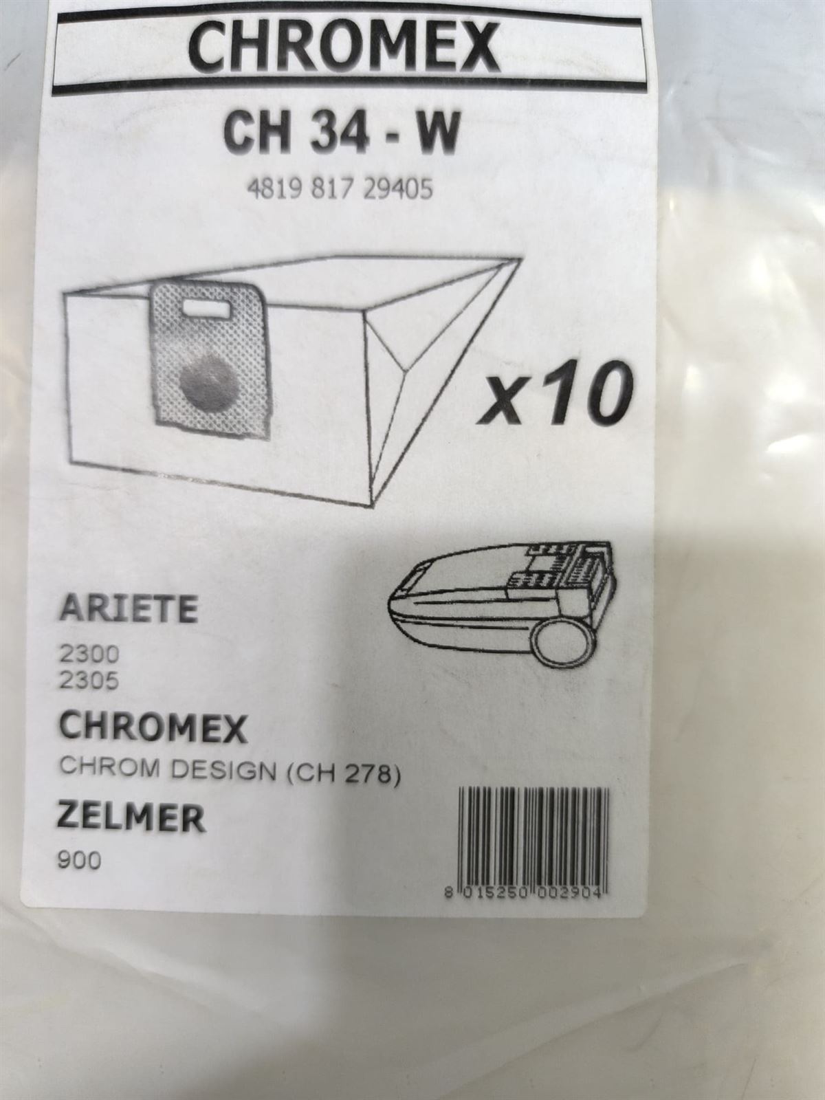BOLSA ASPIRADOR ARIETE, CHROMEX, ZELMER,  CAJA 10 BOLSAS PAPEL, CARTON 83MM, DIAMETRO 37MM, CH34-W - Imagen 1