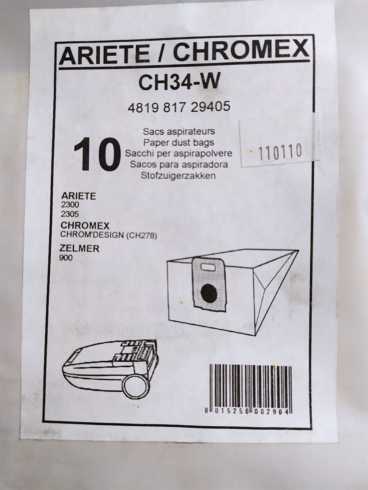 BOLSA ASPIRADOR ARIETE, CHROMEX, ZELMER, PAQUETE 10 BOLSAS PAPEL,   110110,  CH34-W - Imagen 2