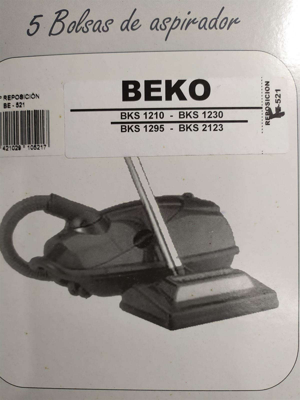 BOLSA ASPIRADOR BEKO BK1210, BKS1230, VER FOTO MODELOS, RECAMBIO ALTERNATIVO, PAQUETE 5 BOLSAS,   F-521 - Imagen 2