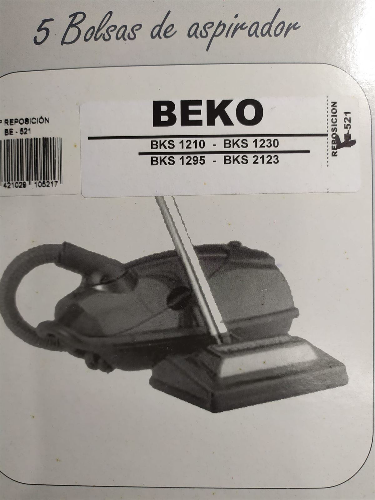 BOLSA ASPIRADOR BEKO BK1210, BKS1230, VER FOTO MODELOS, RECAMBIO ALTERNATIVO, PAQUETE 5 BOLSAS, F-521 - Imagen 2