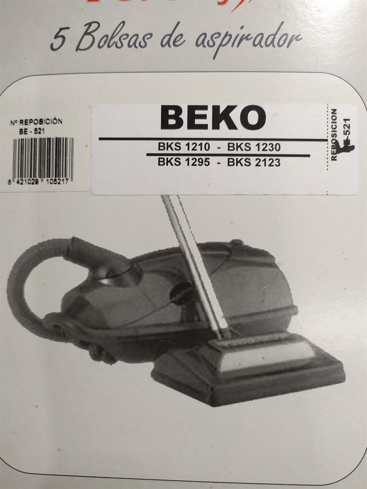 BOLSA ASPIRADOR BEKO BKS1210/1230/1295/2123, PAQUETE 5 BOLSAS, RECAMBIO ALTERNATIVO, KIT 2 PAQUETES,   F-521 - Imagen 1