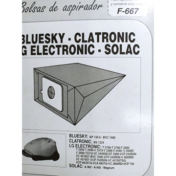 BOLSA ASPIRADOR BLUESKI, CLATRONIC, LG, SOLAC, PAQUETE 5 BOLSAS PAPEL, VER FOTO MODELOS MARCAS,  F-667 - Imagen 1