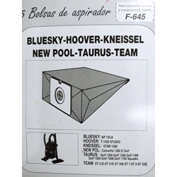 BOLSA ASPIRADOR BLUESKI, HOOVER, KNEISSEL, NEW POOL, TAURUS, TEAM, PAQUETE 5 BOLSAS PAPEL, VER FOTO MODELOS MARCAS,  F-645 - Imagen 1