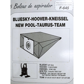BOLSA ASPIRADOR BLUESKI, HOOVER, KNEISSEL, NEW POOL, TAURUS, TEAM, PAQUETE 5 BOLSAS PAPEL, VER FOTO MODELOS MARCAS,  F-645 - Imagen 1