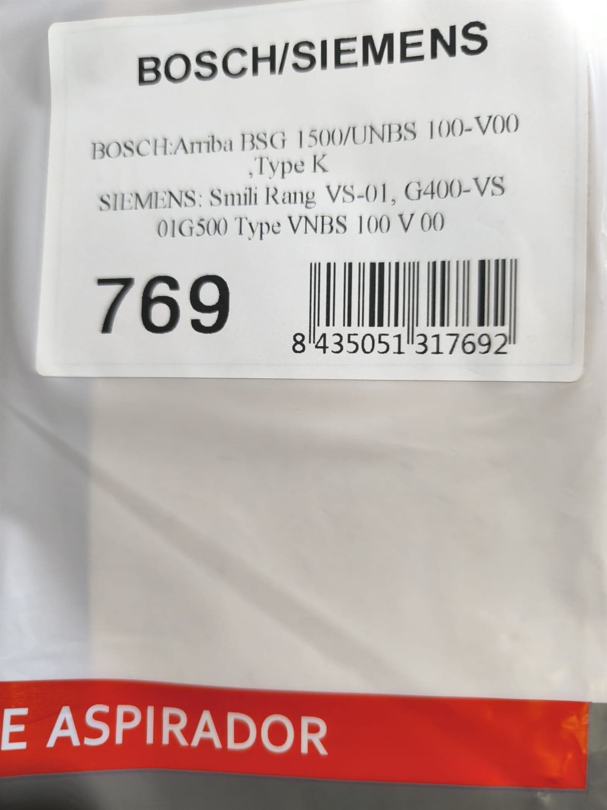 BOLSA ASPIRADOR BOSCH, RECAMBIO ALTERNATIVO, VER MODELOS FOTO,  00468265 - Imagen 1
