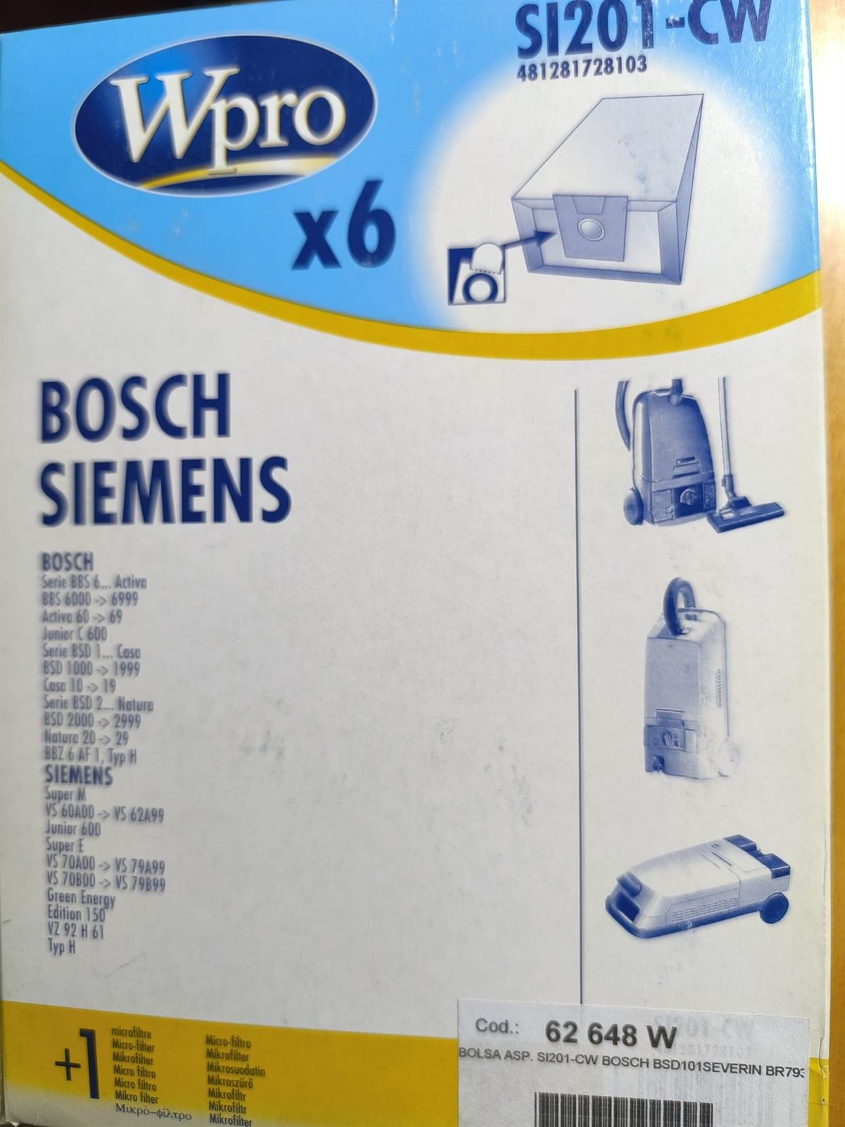 BOLSA ASPIRADOR BOSCH, SIEMENS, CAJA 6 BOLSAS, VER FOT MODELOS, SI201-CW - Imagen 1