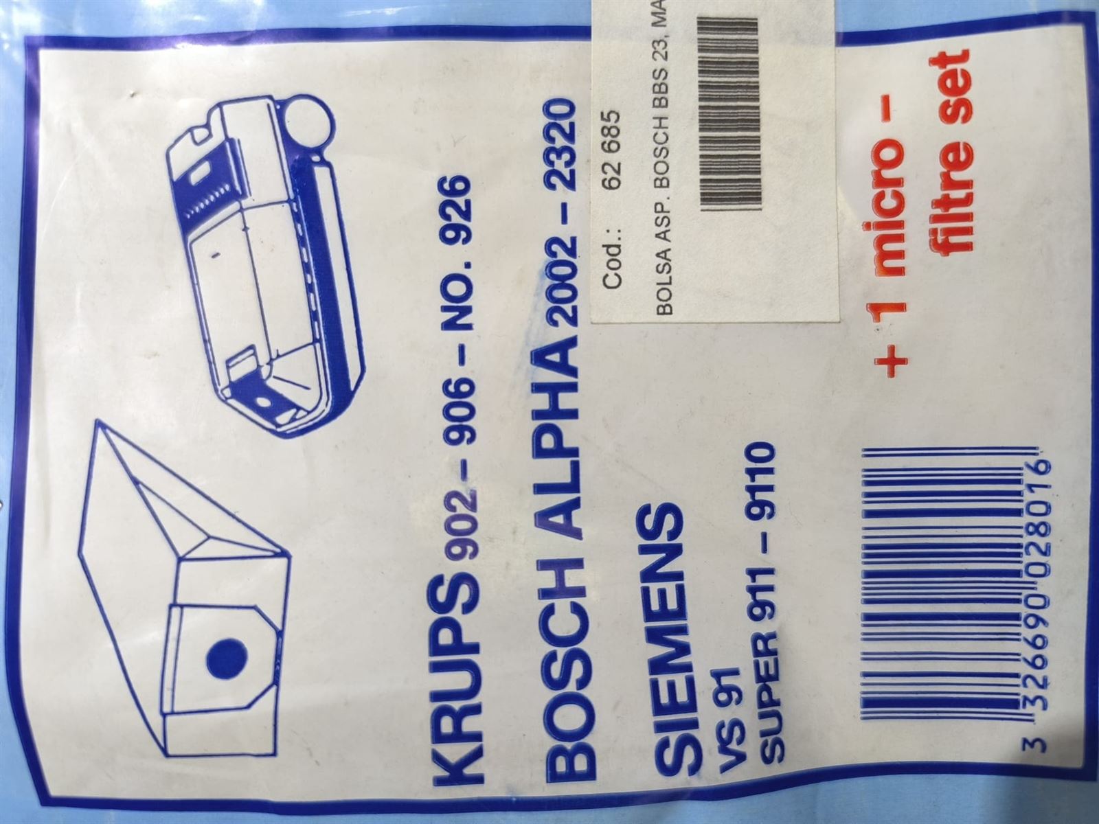 BOLSA ASPIRADOR BOSCH, SIEMENS, KRUPS, CAJA 10 BOLSAS+1 FILTRO, CARTON 86/94/110, DIAMETRO 49MM, 62685 - Imagen 1