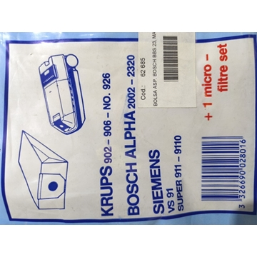 BOLSA ASPIRADOR BOSCH, SIEMENS, KRUPS, CAJA 10 BOLSAS+1 FILTRO, CARTON 86/94/110, DIAMETRO 49MM, 62685 - Imagen 1