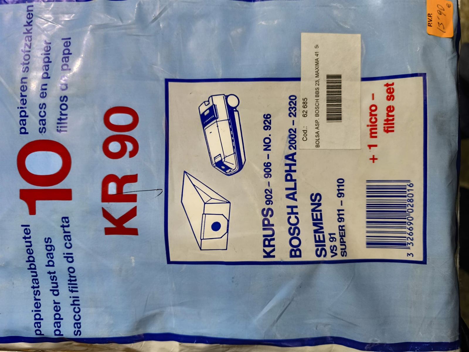 BOLSA ASPIRADOR BOSCH, SIEMENS, KRUPS, CAJA 10 BOLSAS+1 FILTRO, CARTON 86/94/110, DIAMETRO 49MM, 62685 - Imagen 2