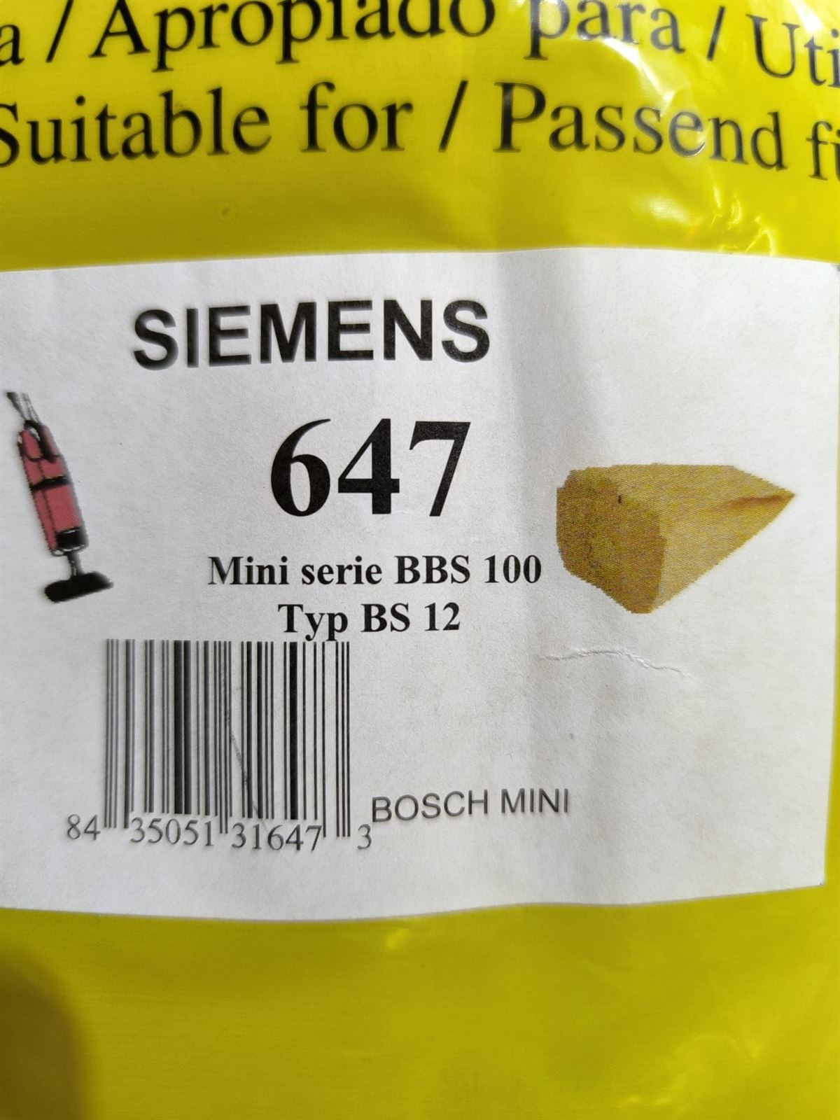 BOLSA ASPIRADOR BOSCH, SIEMENS, MINI BBS100, CAJA 5 BOLSAS PAPEL, CARTON 119MM, DIAMETRO 43MM, BBS100 - Imagen 1