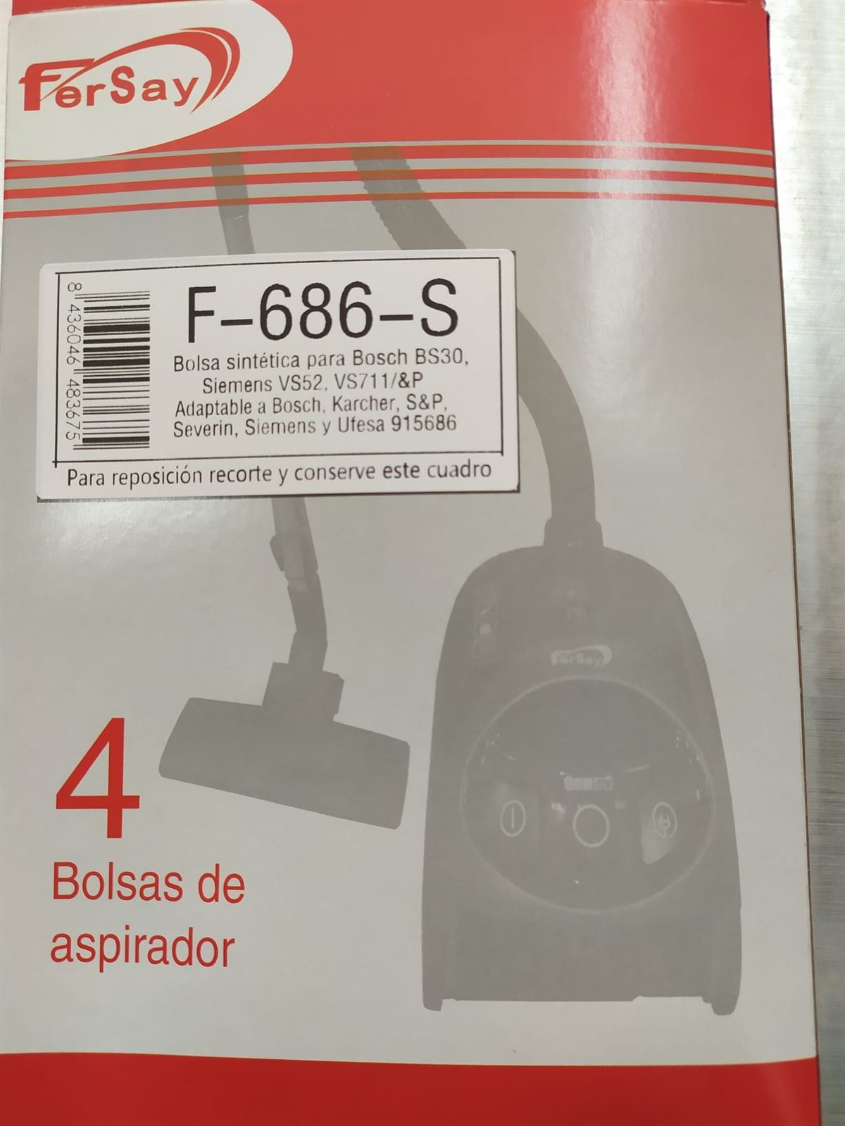 BOLSA ASPIRADOR BOSCH, SIEMENS, UFESA,  CAJA 4 BOLSAS, RECAMBIO ALTERNATIVO, VER FOTO MODELOS, F-686-S - Imagen 1