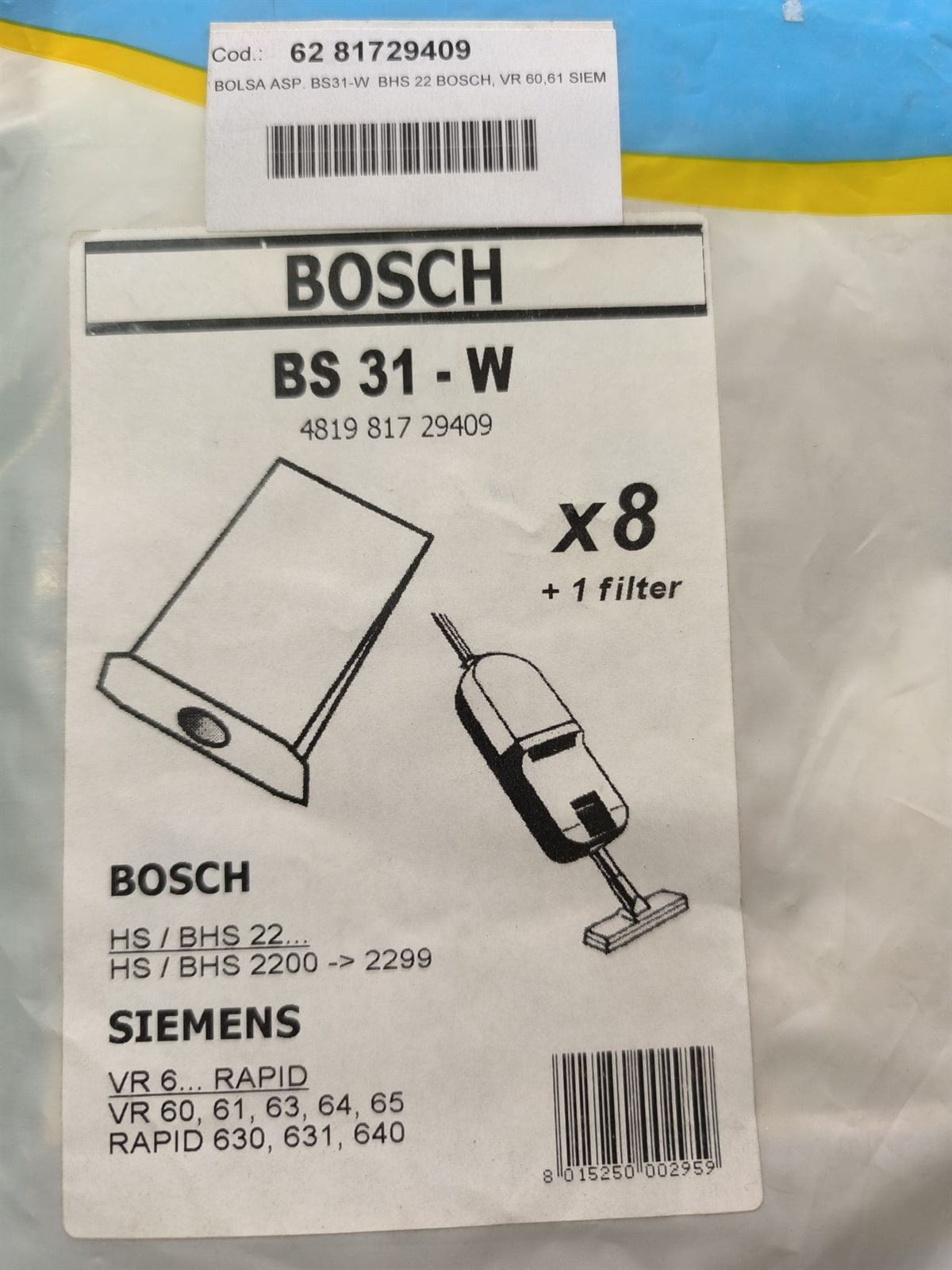 BOLSA ASPIRADOR BOSCH, SIEMENS, VER MODELOS FOTO, PAQUETE 8 BOLSAS+1FILTRO, RECAMBIO ALTERNATIVO,   00460446 - Imagen 1