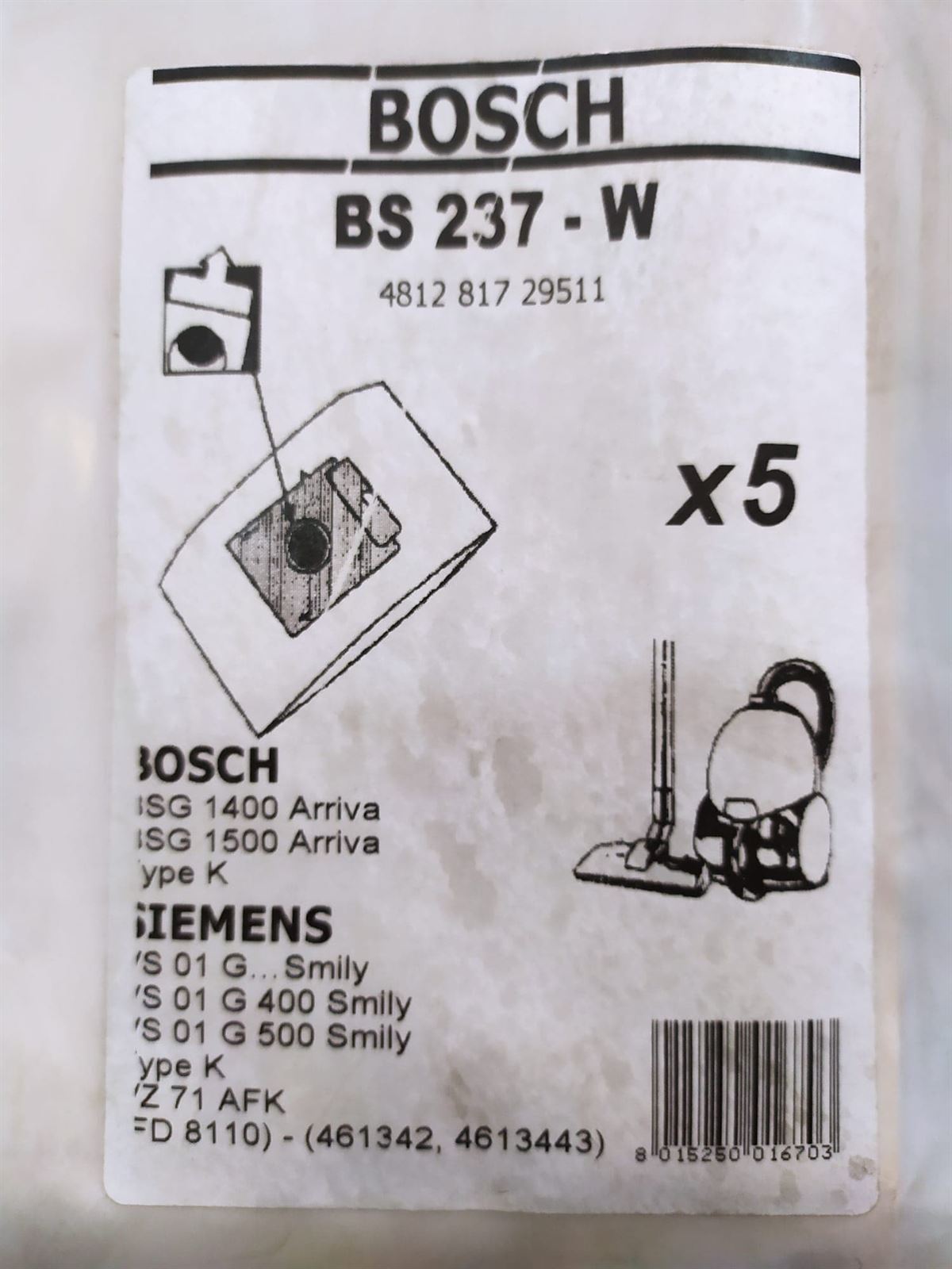 BOLSA ASPIRADOR BOSCH, SIEMENS, WHIRLPOOL, INDESIT, CAJA 5 BOLSAS, RECAMBIO ALTERNATIVO, VER FOTO MARCAS Y MODELOS,   BS237W, 481281729511,00468265 - Imagen 1
