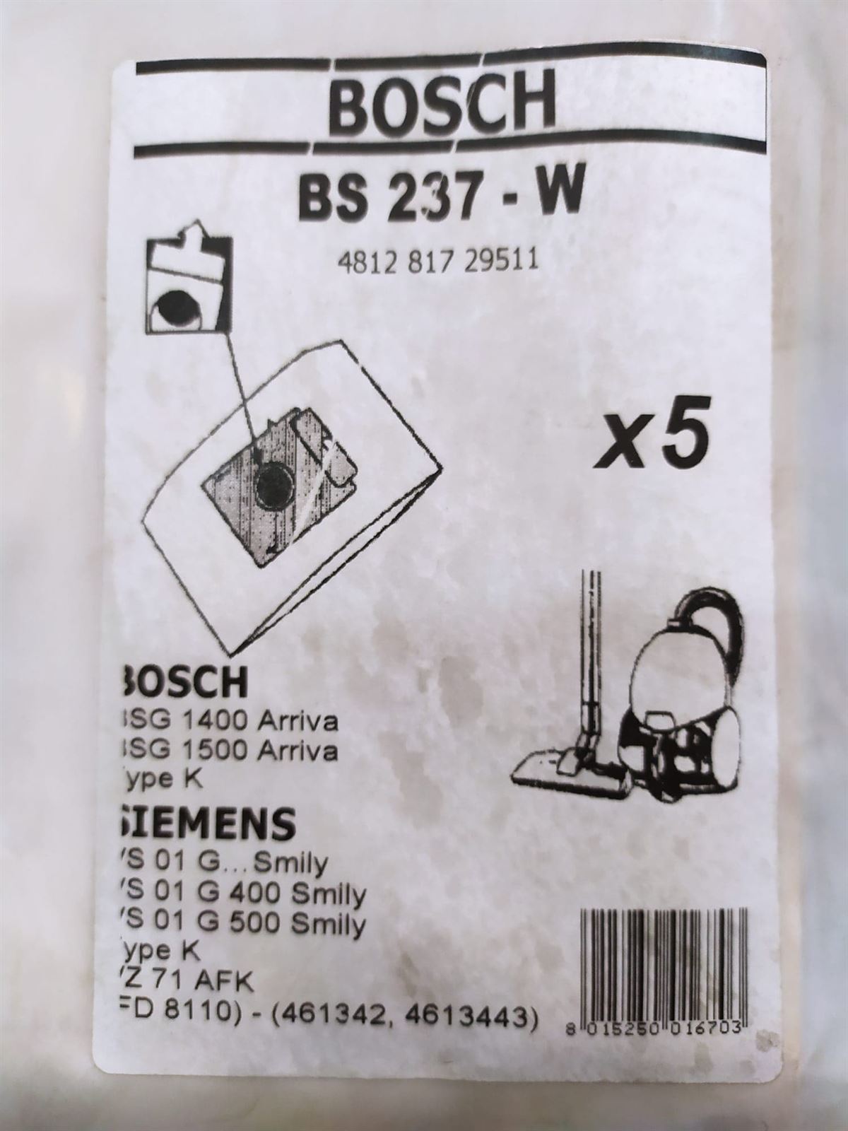 BOLSA ASPIRADOR BOSCH, SIEMENS, WHIRLPOOL, INDESIT, CAJA 5 BOLSAS, RECAMBIO ALTERNATIVO, VER FOTO MARCAS Y MODELOS, BS237W, 481281729511,00468265 - Imagen 1