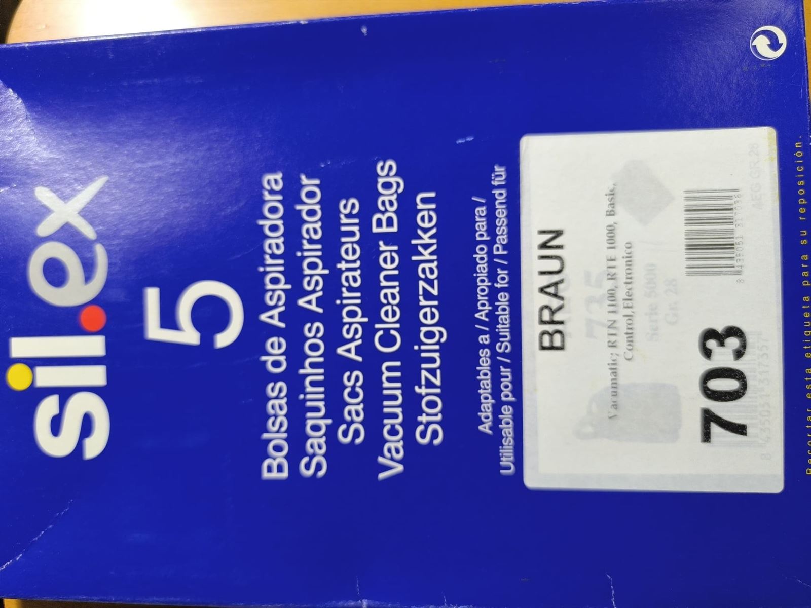 BOLSA ASPIRADOR BRAUN, CAJA 5 BOLSAS PAPEL, CARTON 108/106/97/53MM, VACUMATIC703 - Imagen 1