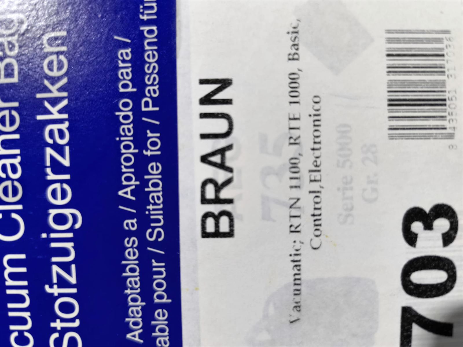 BOLSA ASPIRADOR BRAUN, CAJA 5 BOLSAS PAPEL, CARTON 108/106/97/53MM, VACUMATIC703 - Imagen 2