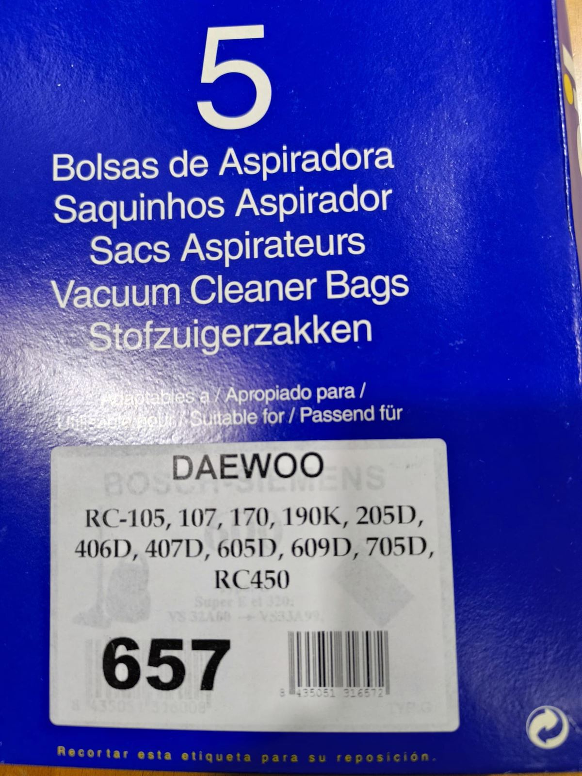 BOLSA ASPIRADOR DAEWOO, PAQUETE 5 BOLSAS, CARTON 94/99/108MM, DIAMETRO 45MM, RECANBIO ALTERNATIVO, VER MARCAS COMPATIBLES, 657 - Imagen 1