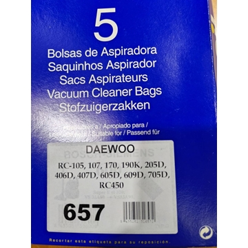 BOLSA ASPIRADOR DAEWOO, PAQUETE 5 BOLSAS, CARTON 94/99/108MM, DIAMETRO 45MM, RECANBIO ALTERNATIVO, VER MARCAS COMPATIBLES, 657 - Imagen 1