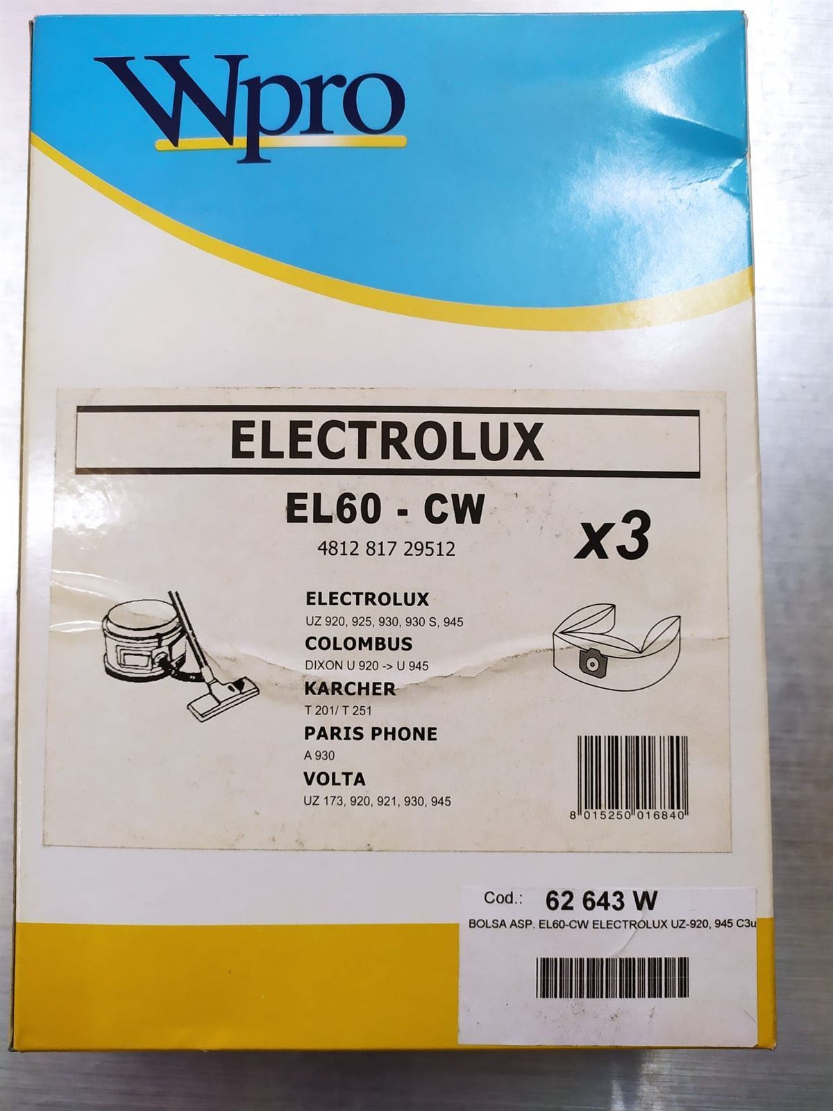 BOLSA ASPIRADOR ELEBOLSA ASPIRADOR ELECTROLUX, KARCHER, VER MARCAS, MODELOS FOTO, PAQUETE 3 BOLSAS, RECAMBIO ALTERNATIVO,  EL60CW - Imagen 1