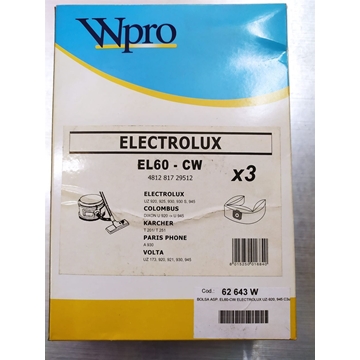 BOLSA ASPIRADOR ELEBOLSA ASPIRADOR ELECTROLUX, KARCHER, VER MARCAS, MODELOS FOTO, PAQUETE 3 BOLSAS, RECAMBIO ALTERNATIVO,  EL60CW - Imagen 1