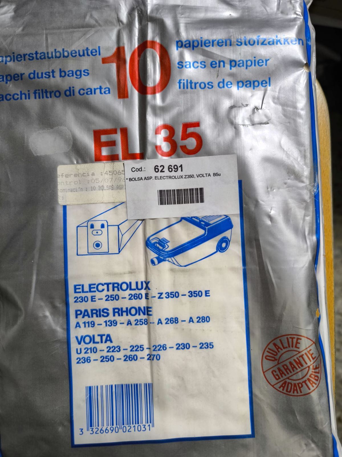 BOLSA ASPIRADOR ELECTROLUX, CAJA 10 BOLSAS PAPEL, VER FOTO MODELOS, CARTON 157/100/41 MM,  62691 - Imagen 1