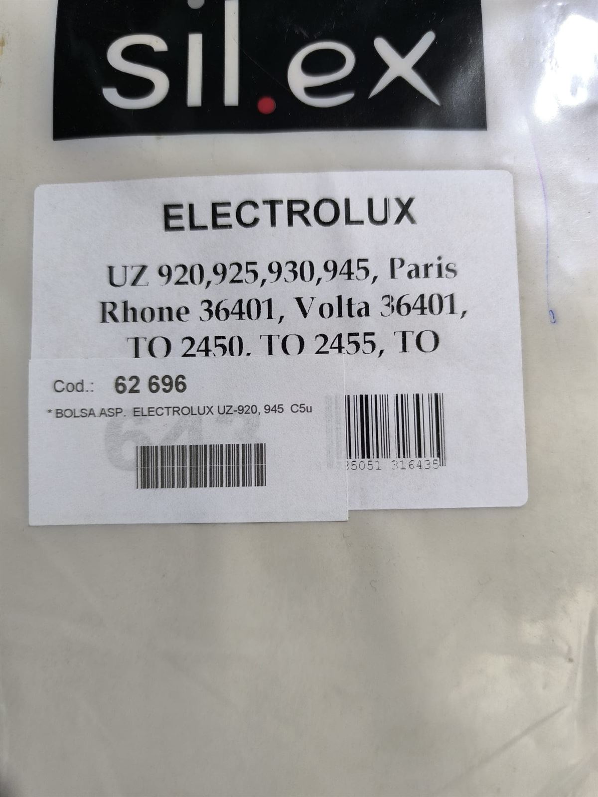 BOLSA ASPIRADOR ELECTROLUX, CAJA 5 BOLSAS PAPEL, CARTON 93MM DIAMETRO 56MM, 62696 - Imagen 1