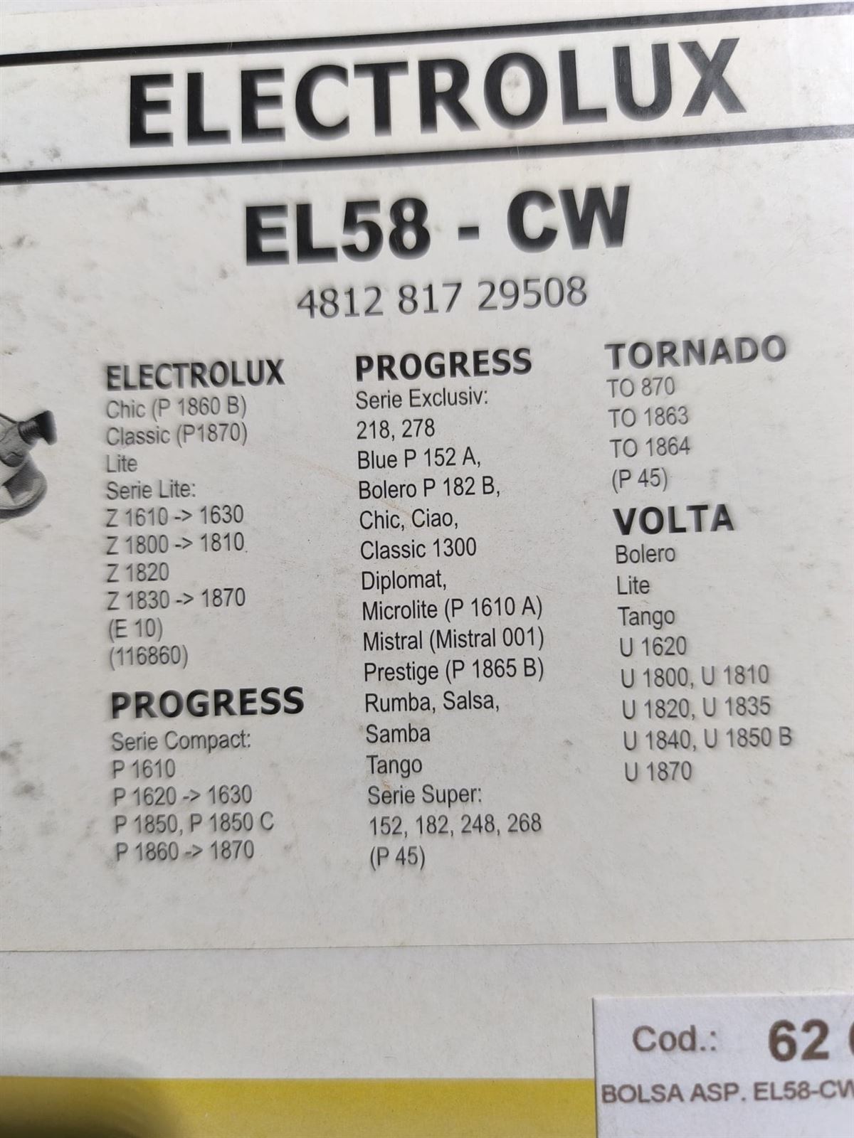 BOLSA ASPIRADOR ELECTROLUX, CAJA 5 BOLSAS, VER FOTO MARCAS Y MODELOS,   EL58-CW - Imagen 2