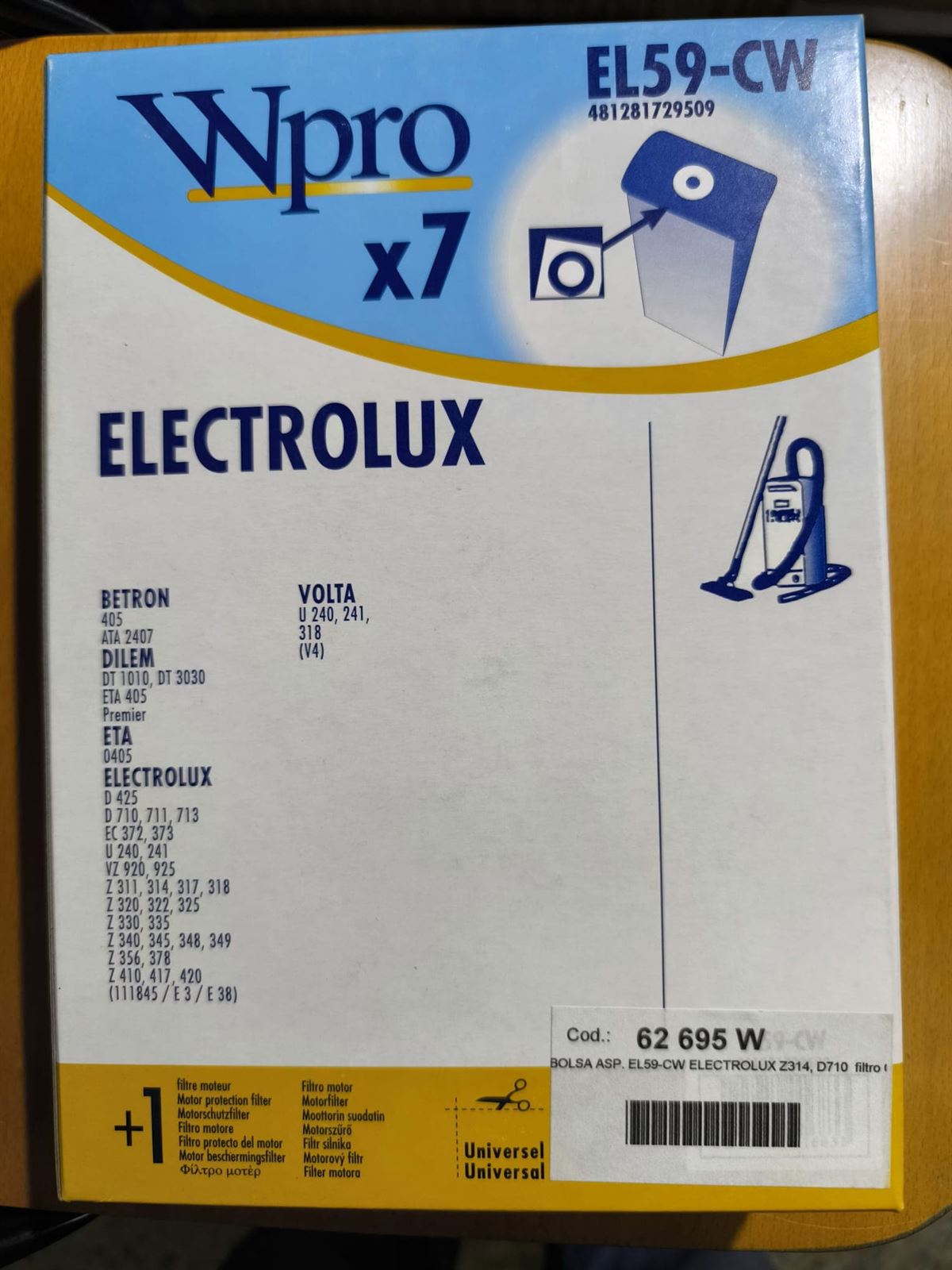 BOLSA ASPIRADOR ELECTROLUX, CAJA 7 BOLSAS+1FILTRO, VER FOTO MODELOS COMPATIBLES, EL59-CW - Imagen 1