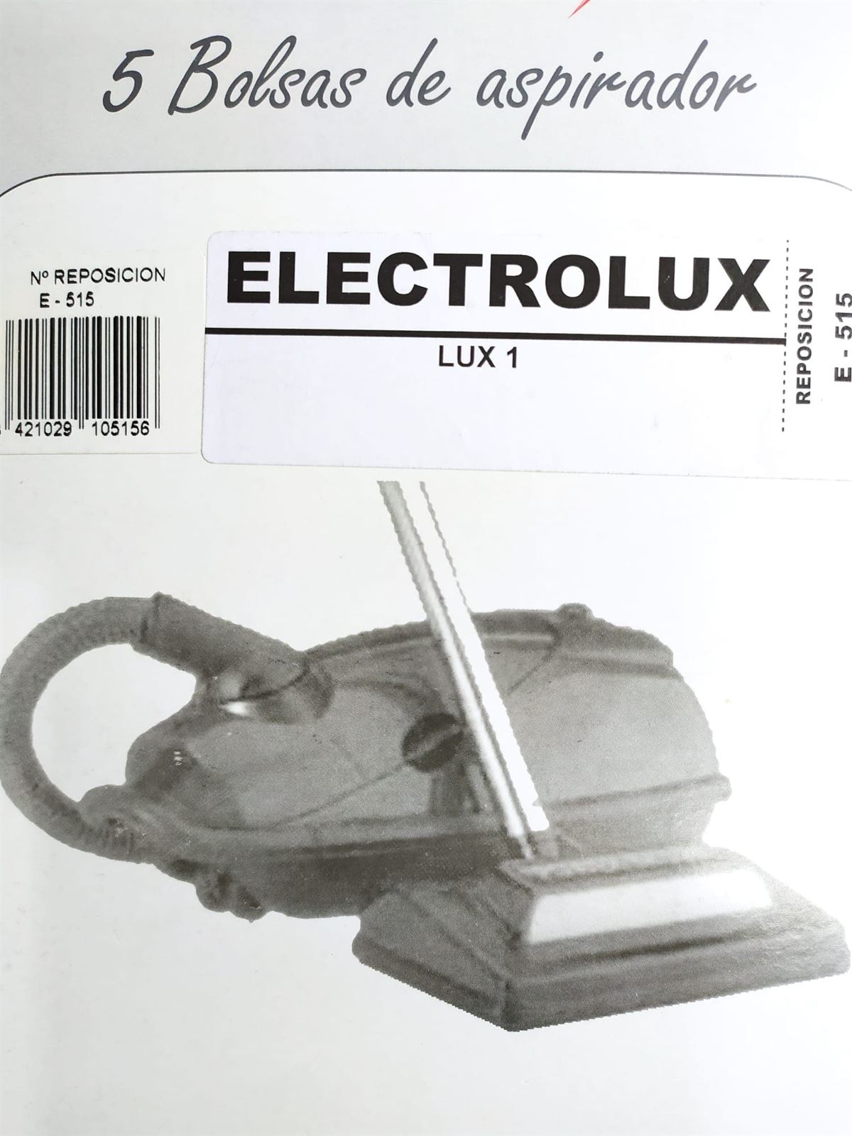 BOLSA ASPIRADOR ELECTROLUX, LUX 1, PAQUETE 5 BOLSAS PAPEL, VER MODELOS FOTO, RECAMBIO ALTERNATIVO,  F-515 - Imagen 1