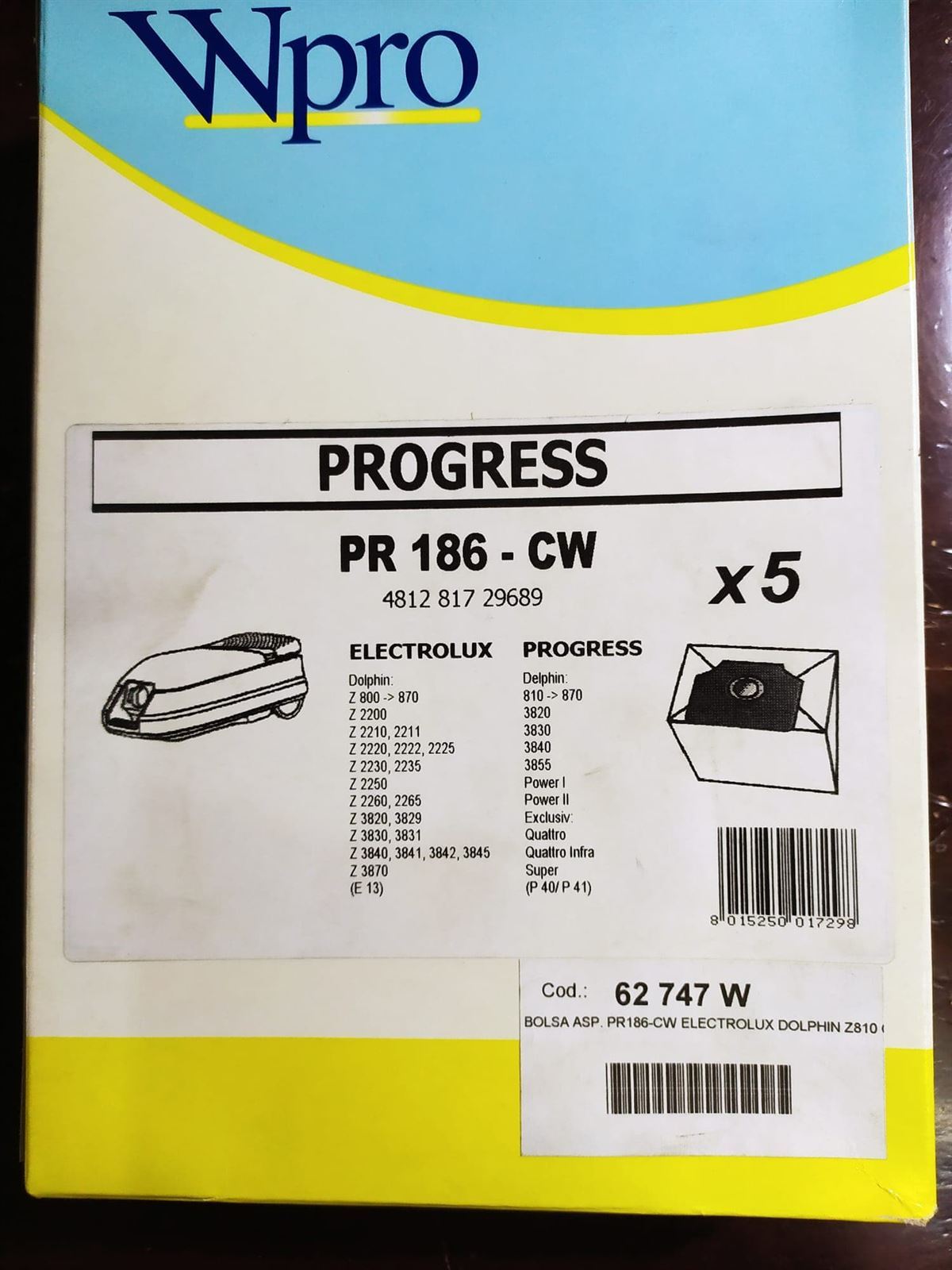 BOLSA ASPIRADOR ELECTROLUX, PROGRESS, PAQUETE 5 BOLSAS PAPEL, VER MARCAS MODELOS FOTO, RECAMBIO ALTERNATIVO, PR186-CW - Imagen 2
