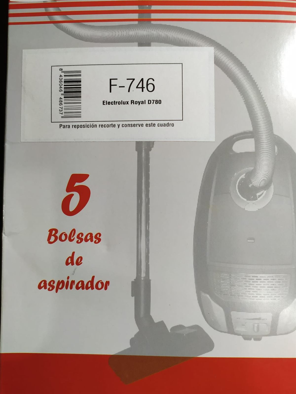 BOLSA ASPIRADOR ELECTROLUX, ROYAL D780, PAQUETE 5 BOLSAS PAPEL, VER MODELOS FOTO, RECAMBIO ALTERNATIVO, F-746, E12 - Imagen 1