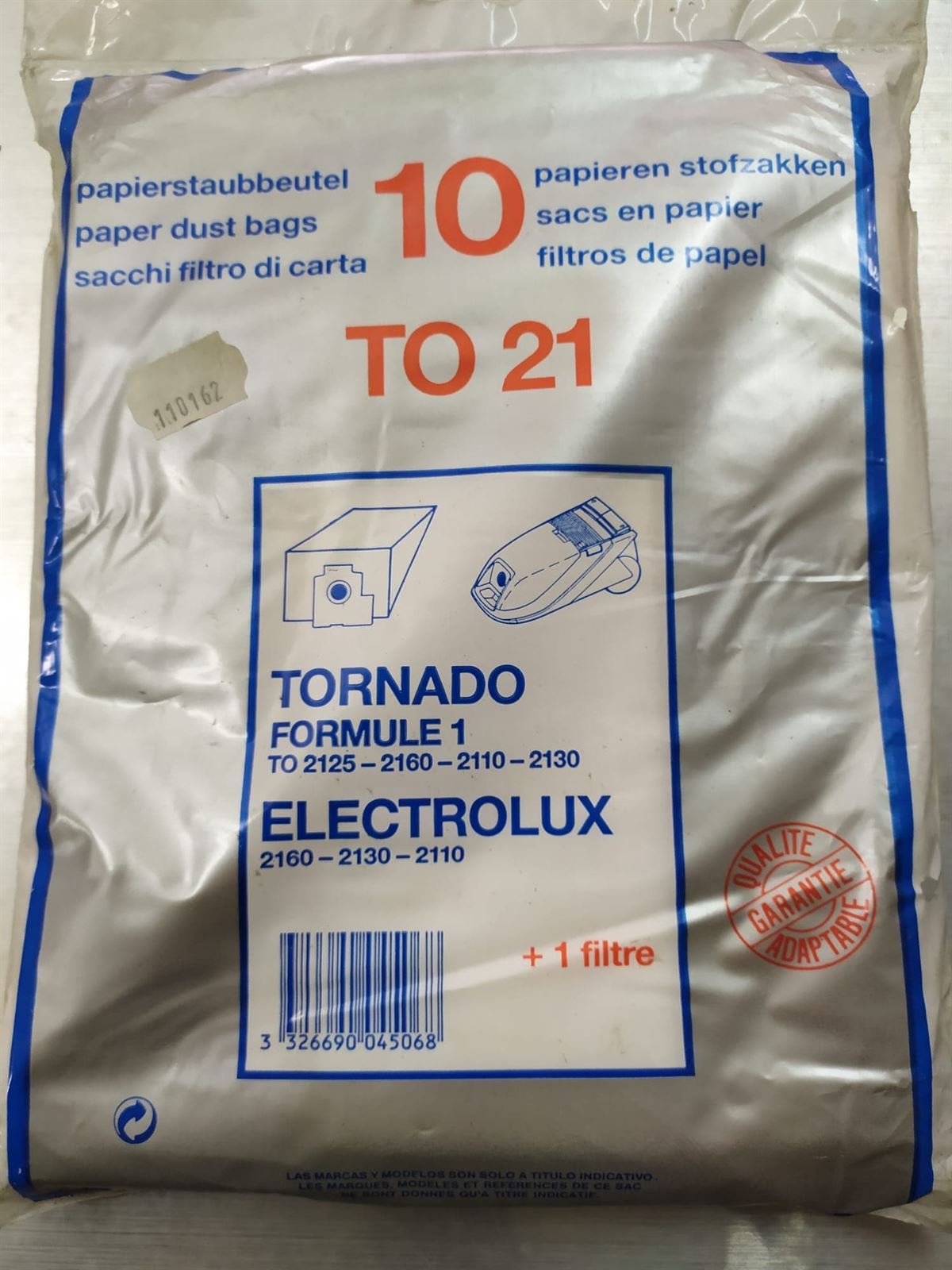 BOLSA ASPIRADOR ELECTROLUX, TORNADO, PAQUETE 10 BOLSAS+FILTRO, RECAMBIO ALTERNATIVO,   110162,  TO21 - Imagen 1