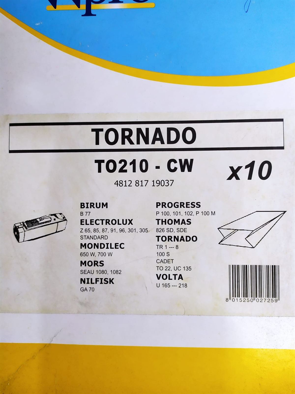 BOLSA ASPIRADOR ELECTROLUX, TORNADO, VER MODELOS MARCAS FOTO, PAQUETE 10 BOLSAS, RECAMBIO ALTERNATIVO,  TO210-CW - Imagen 1
