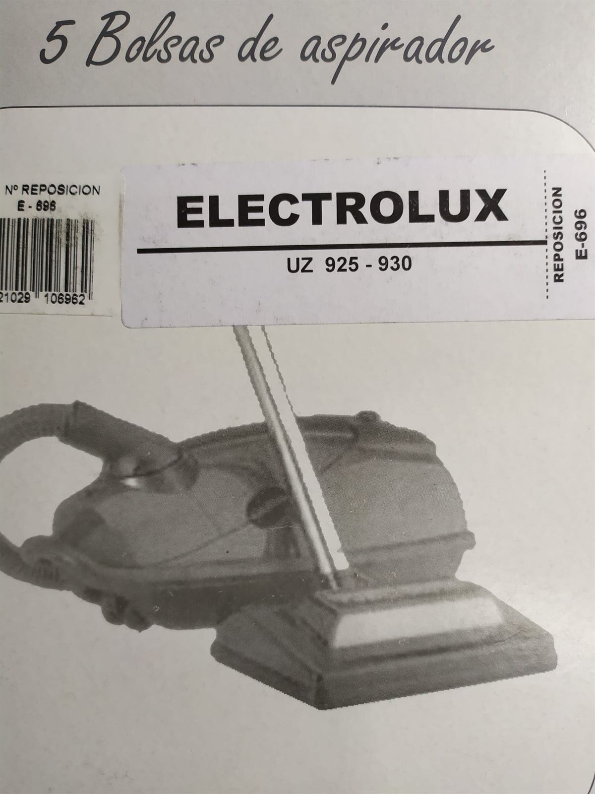 BOLSA ASPIRADOR ELECTROLUX, UZ 925, UZ 930, PAQUETE 5 BOLSAS PAPEL, VER MODELOS FOTO, RECAMBIO ALTERNATIVO,  F-696 - Imagen 1