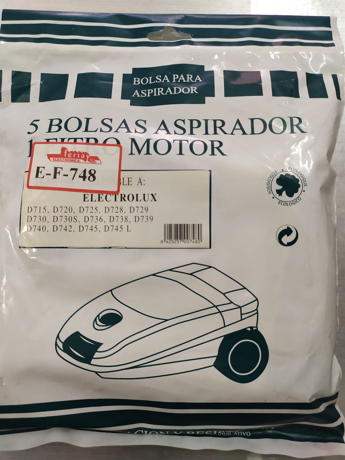 BOLSA ASPIRADOR ELECTROLUX, VER MODELOS FOTO, PAQUETE 5 BOLSAS+1FILTRO, RECAMBIO ALTERNATIVO,    E-F-748 - Imagen 1