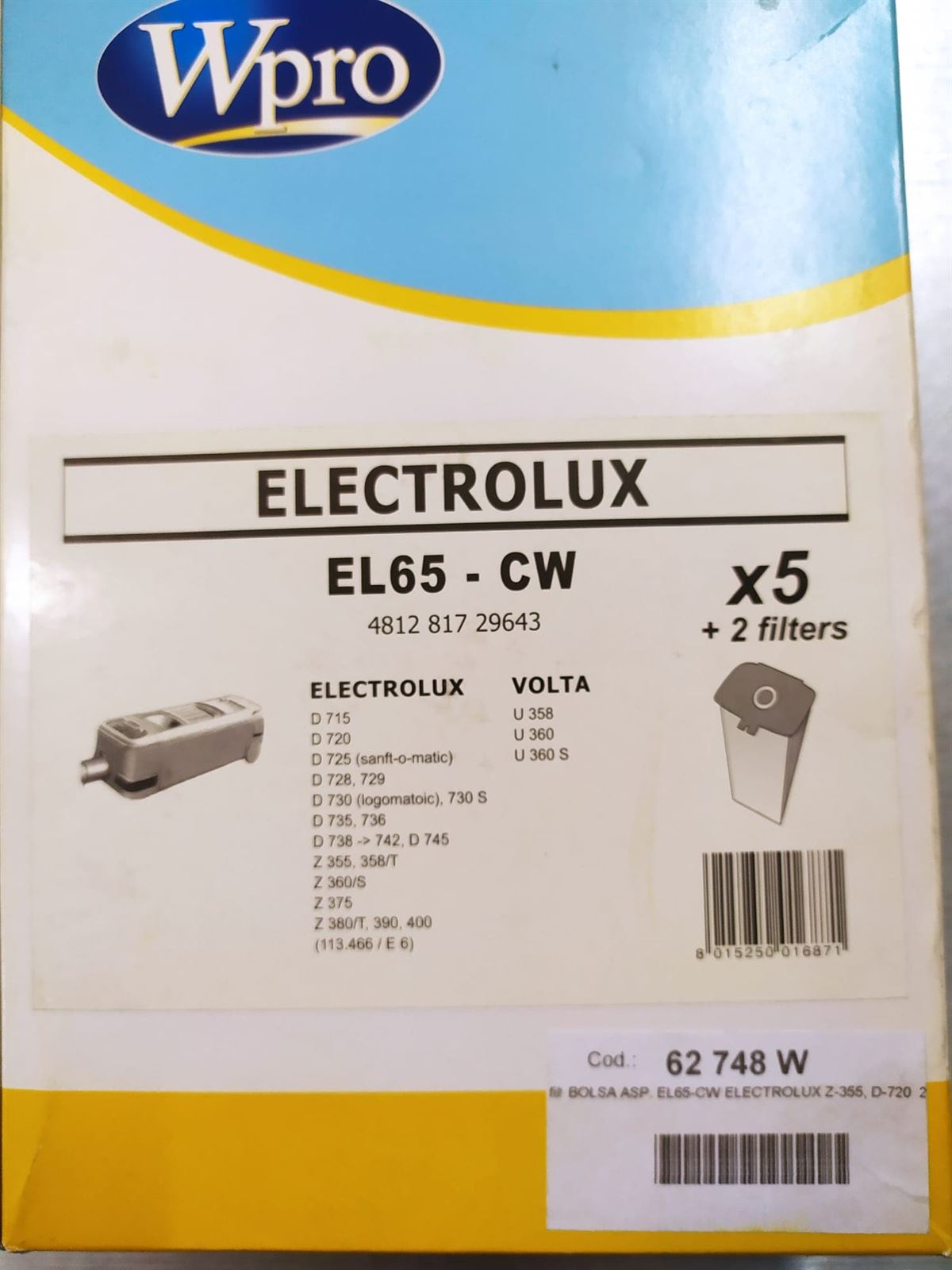 BOLSA ASPIRADOR ELECTROLUX VER MODELOS FOTO, PAQUETE 5 BOLSAS+2FILTRO, RECAMBIO ALTERNATIVO,  EL65CW - Imagen 1