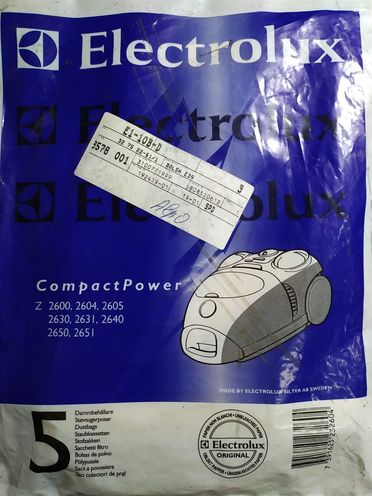 BOLSA ASPIRADOR ELECTROLUX, Z2600, PAQUETE 5 BOLSAS PAPEL, VER MODELOS FOTO, RECAMBIO ORIGINAL,  327522611, E39 - Imagen 1
